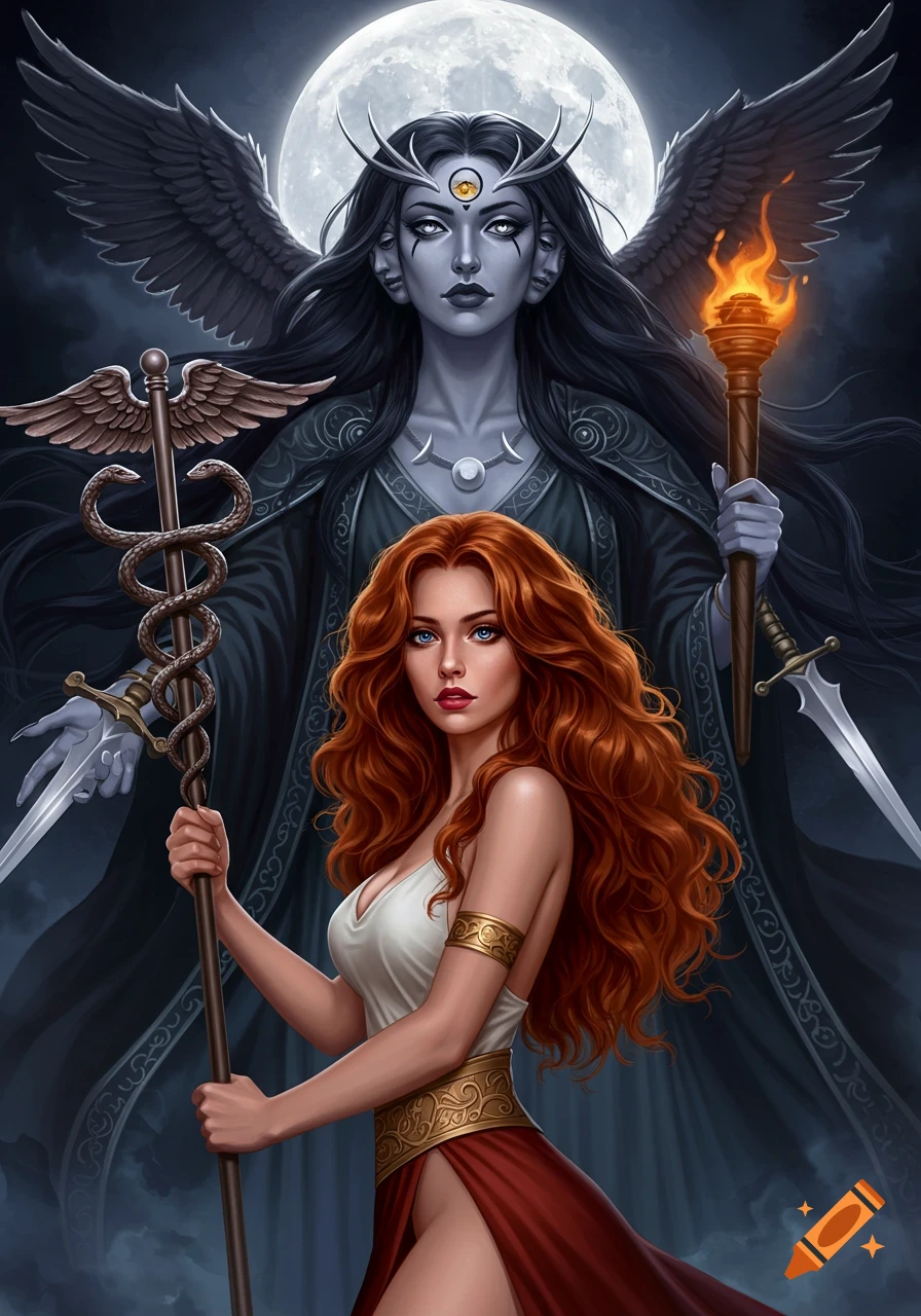 A red-haired woman holding a Caduceus staff stands before the winged, three-faced grey goddess Hecate under a full moon. Mystical digital art.