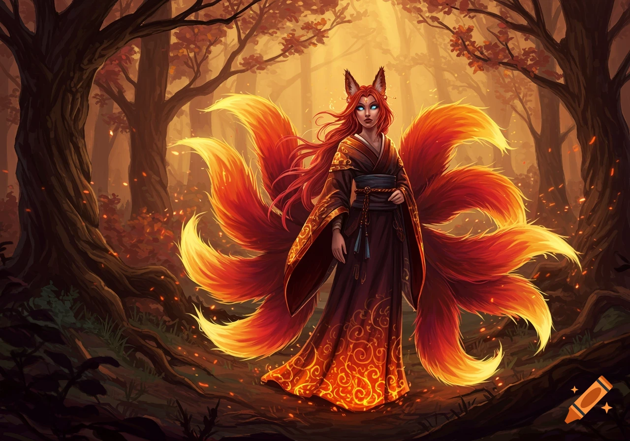 A kitsune-like woman with fiery red hair, blue glowing eyes, and nine glowing orange tails, standing in an autumn forest.
