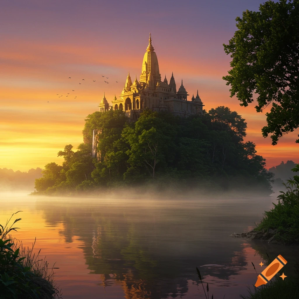 A majestic golden temple atop a tree-covered island, surrounded by a misty river at sunrise or sunset under an orange sky.