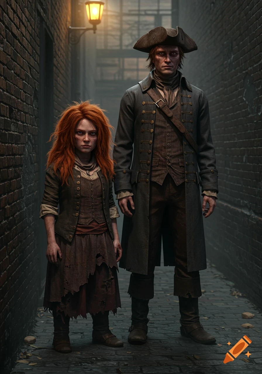 A sullen, red-haired woman and a tall man in a tricorn hat and greatcoat stand in a dark, dirty brick alley under a lantern.