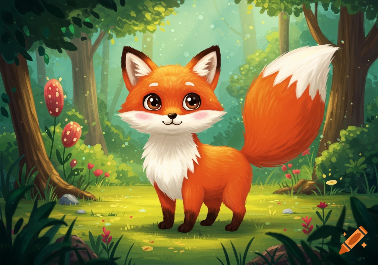 A cute, stylized orange fox with big eyes smiles in a vibrant green cartoon forest.