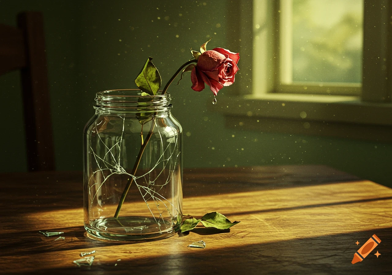 A close-up shot of a dying red rose in a cracked glass jar on a wooden table, illuminated by sunlight from a window.