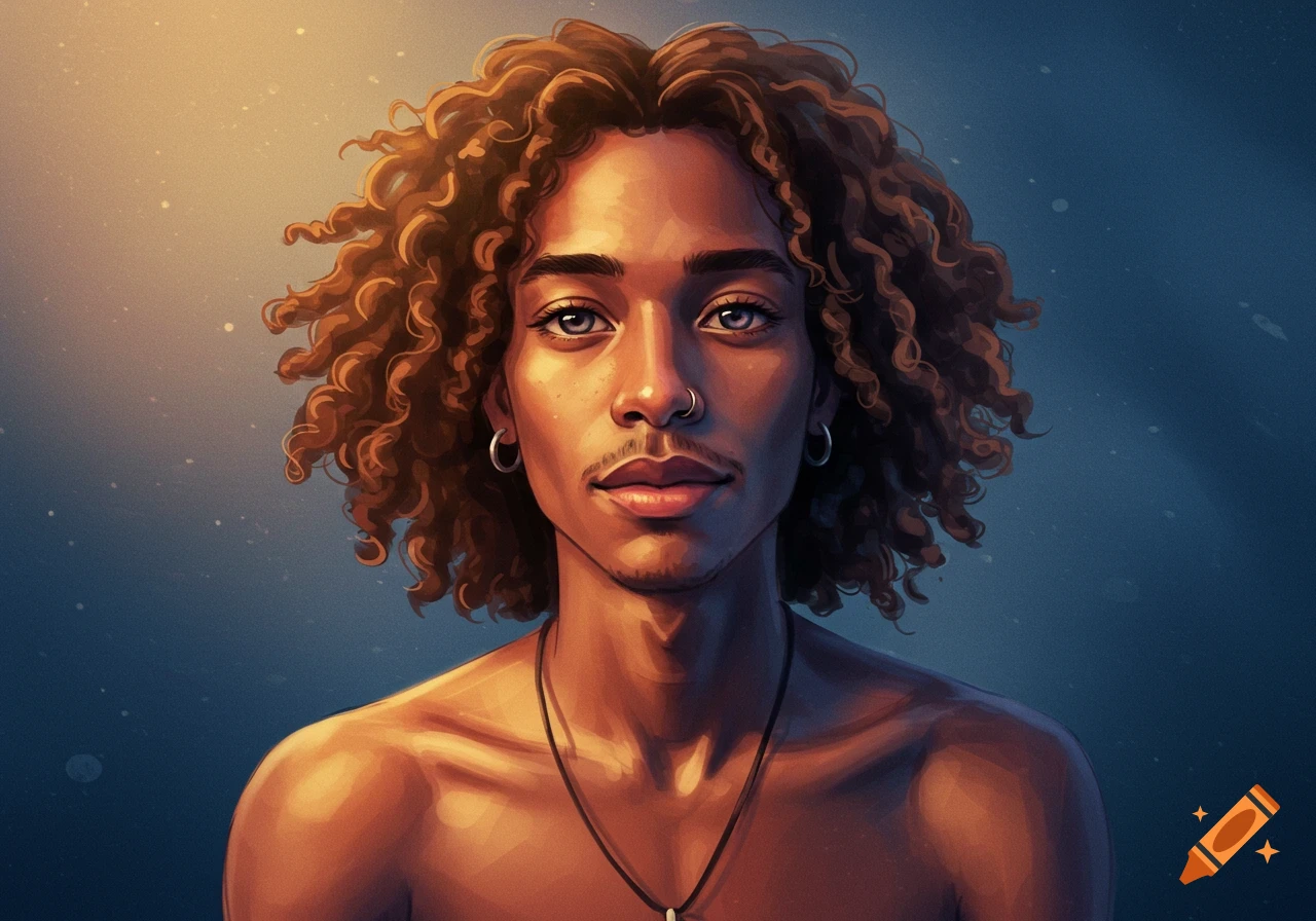 Artistic rendering of a person with curly brown hair, light eyes, and warm skin tone against a soft blue and gold background.