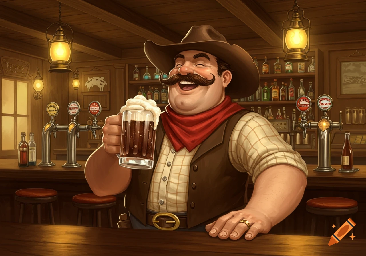 A cartoon cowboy with a mustache laughs while holding a frothy mug of dark beer at a wooden bar counter.