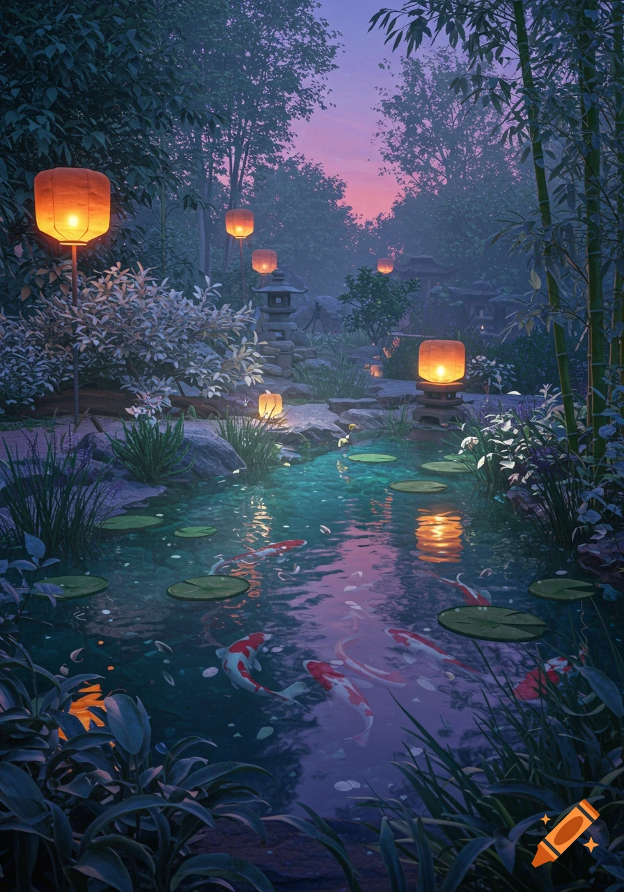 Japanese garden at twilight with glowing lanterns, a pond with koi fish, lily pads, and lush foliage under a purple and pink sky.