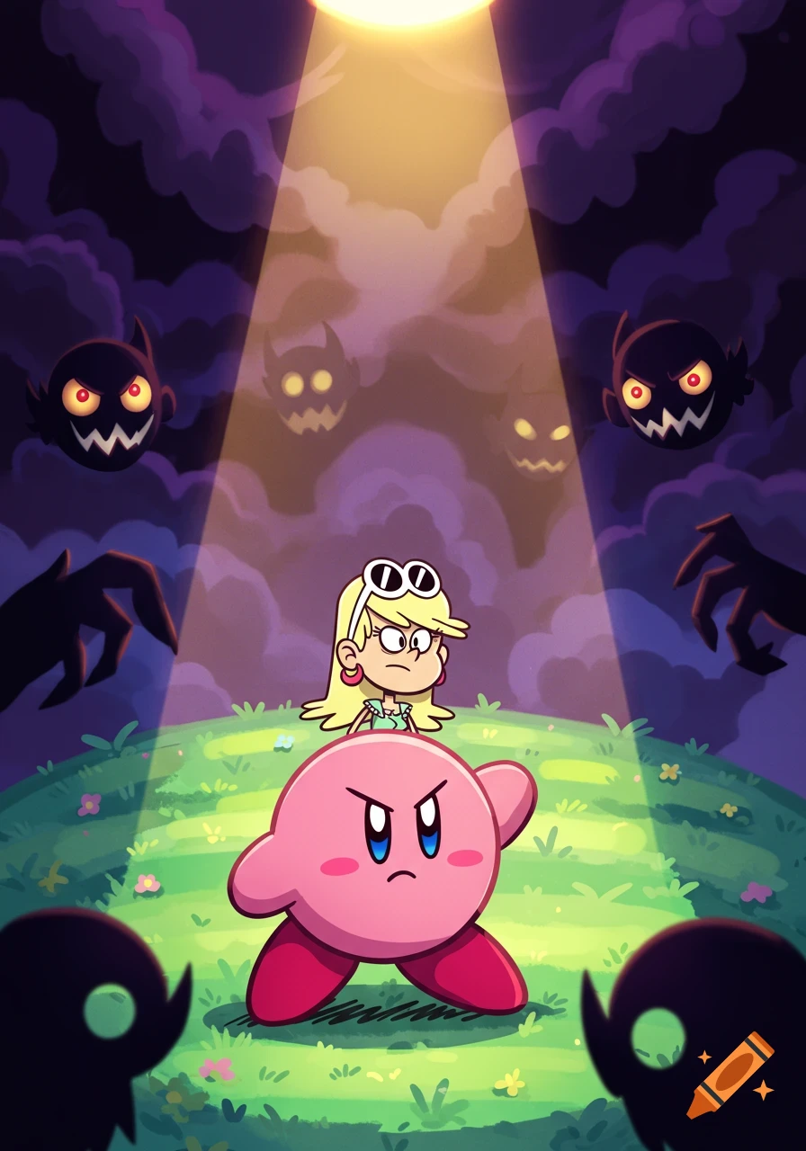 Cartoon image of pink Kirby and Leni Loud from The Loud House on a grassy hill, illuminated by a spotlight, surrounded by shadowy monsters.