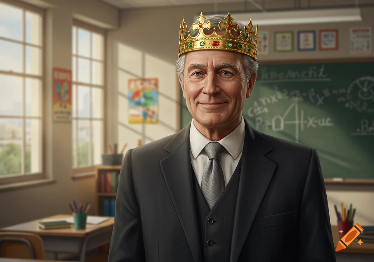 A smiling older man with a gray suit and a golden king's crown stands in a classroom.