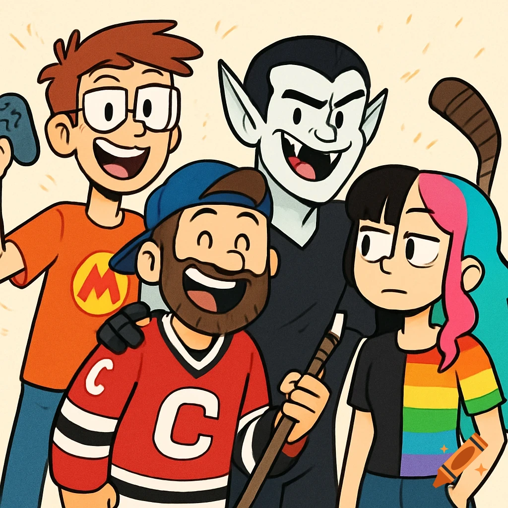A cartoon illustration of four diverse friends posing: a boy with glasses and a game controller, a bearded man in a hockey jersey, a smiling vampire, and a girl with split pink and aqua hair wearing a rainbow shirt.