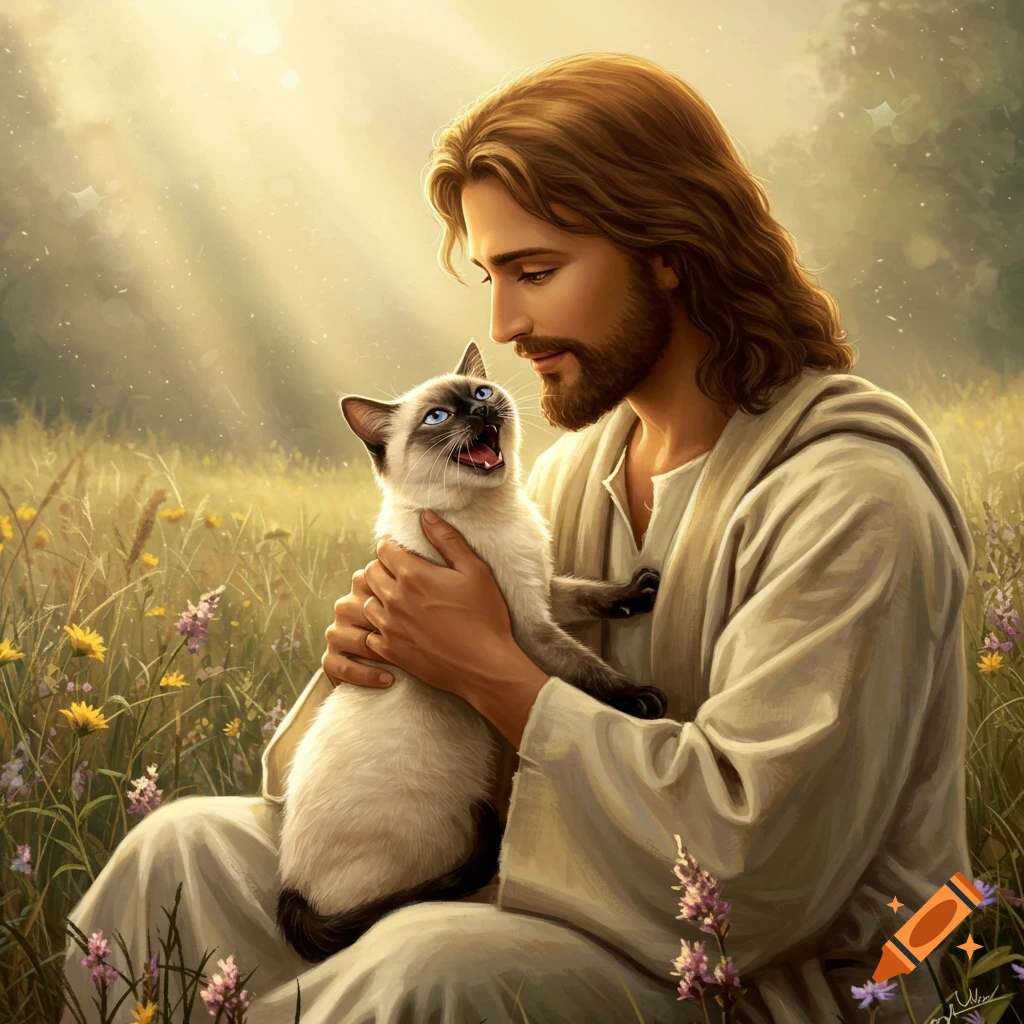 Jesus, with long brown hair and beard, holds a screaming Siamese cat in a sun-drenched field filled with wildflowers.