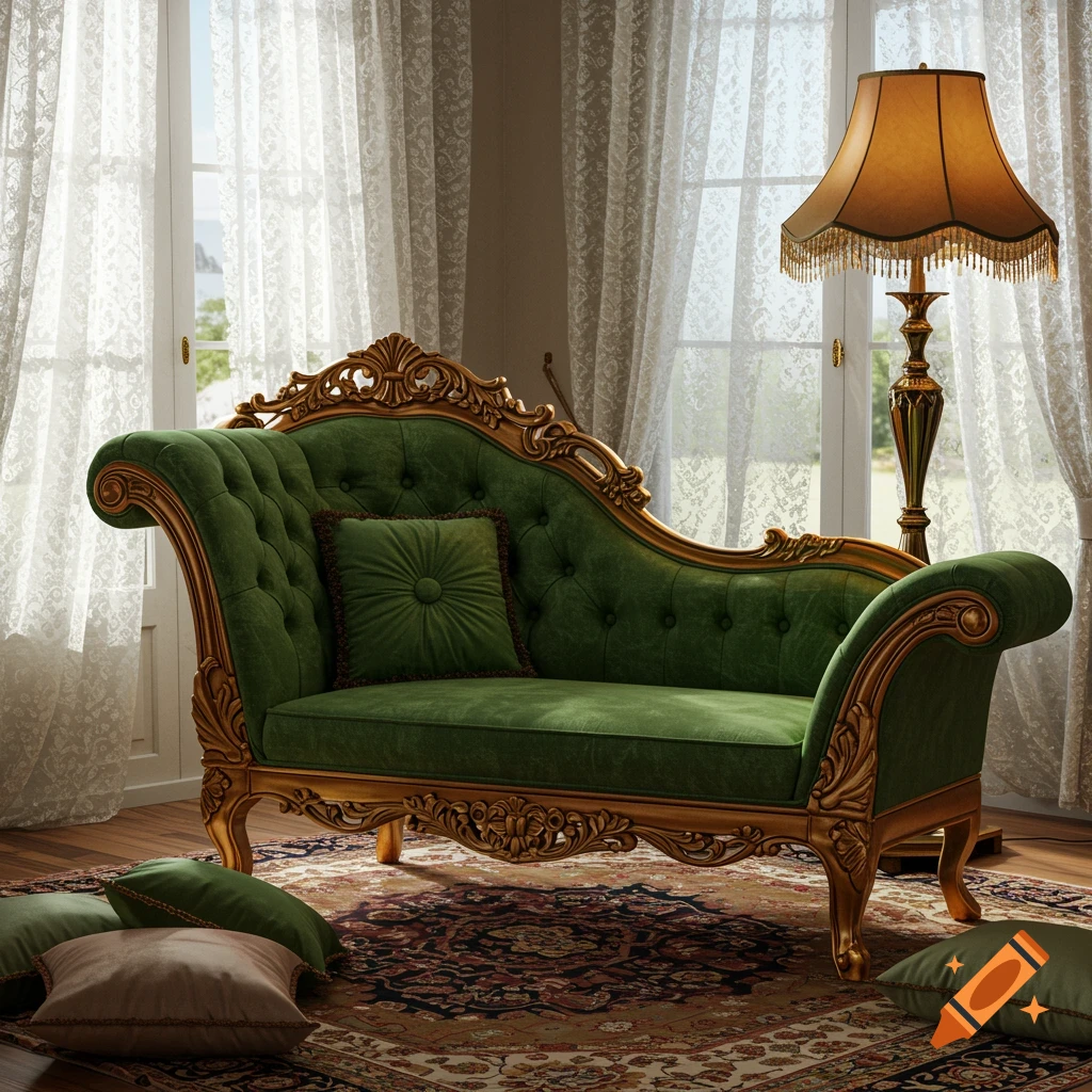 A green velvet chaise longue with ornate gold trim sits on a patterned rug in a sunlit room, next to a floor lamp and sheer curtains.