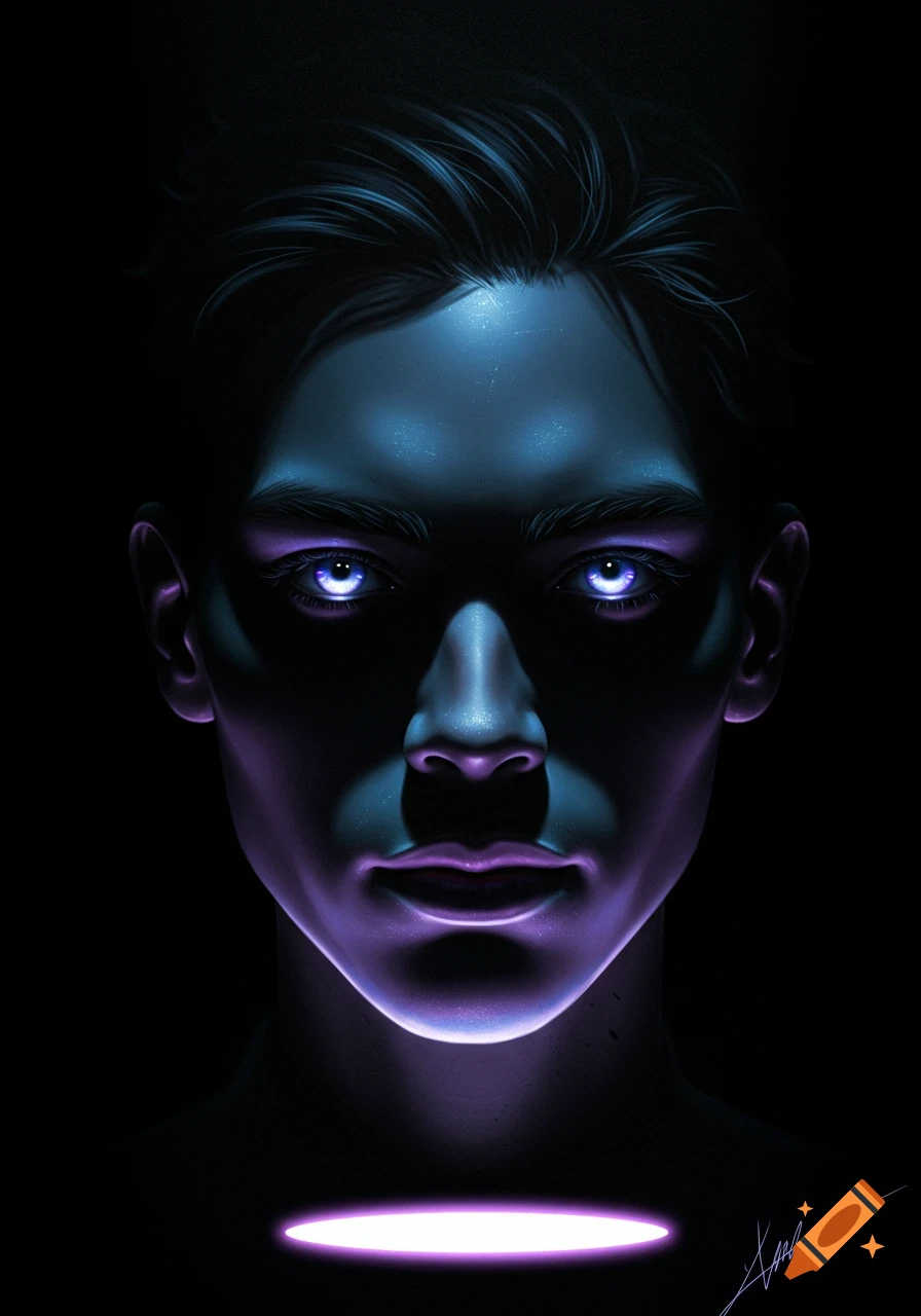 A stylized portrait of a person's face, lit from below with glowing blue and purple light, against a dark background, with bright glowing eyes.
