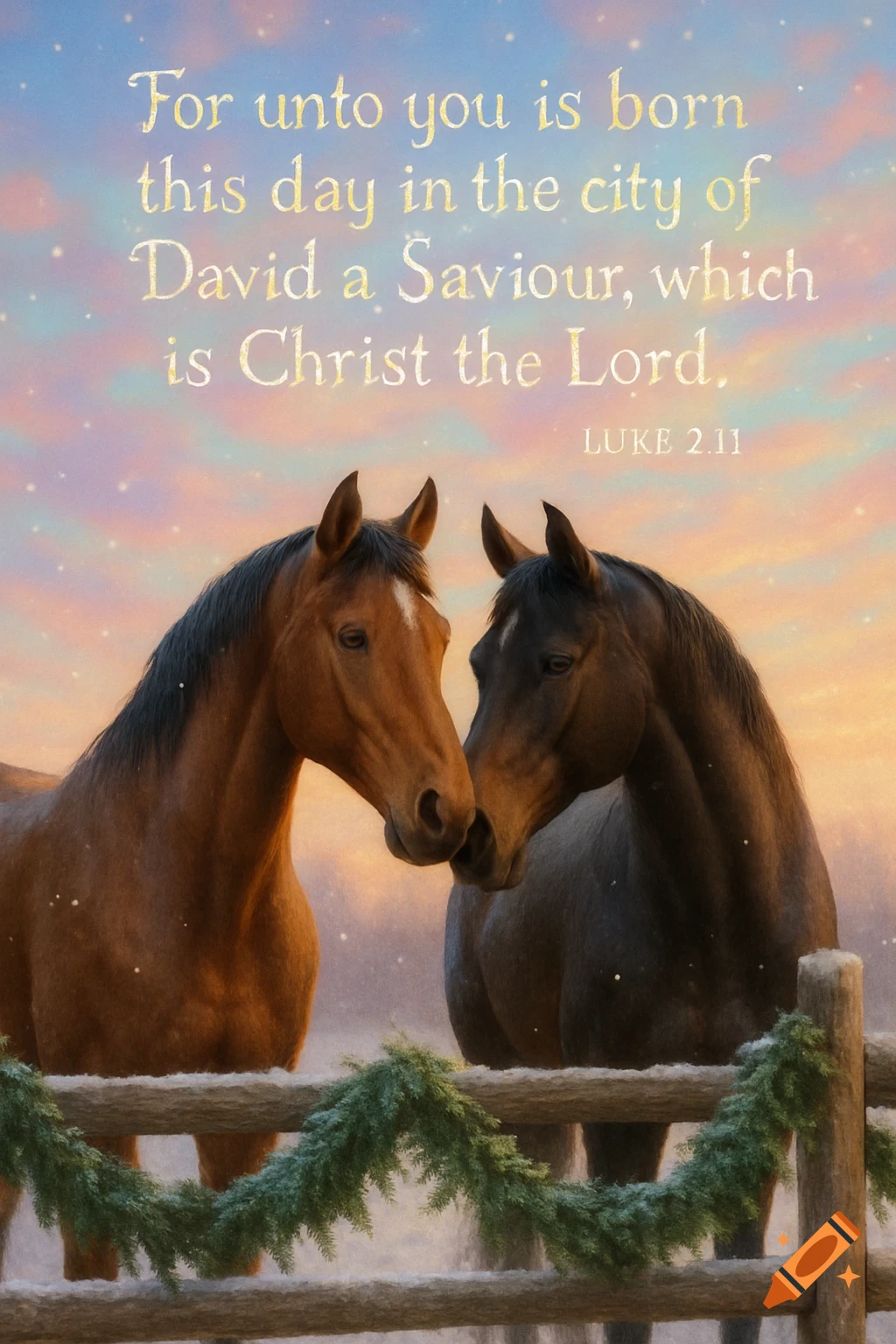 Two brown horses stand near a garland-draped wooden fence under a pastel sky with falling snowflakes. Bible scripture text is visible in the sky.