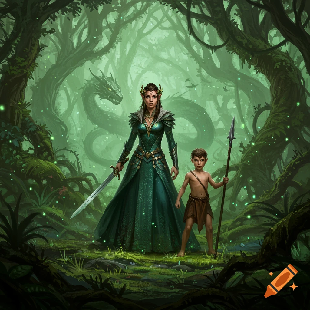 An armed elf-like woman and boy stand in a misty fantasy jungle with a dragon in the background.
