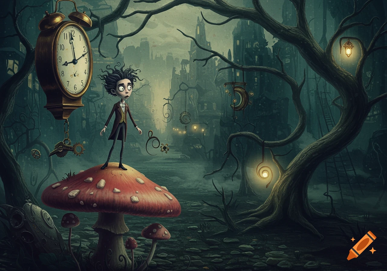 A wide-eyed, pale character with messy hair stands on a large red mushroom in a dark, surreal forest with a floating clock, in Tim Burton style.