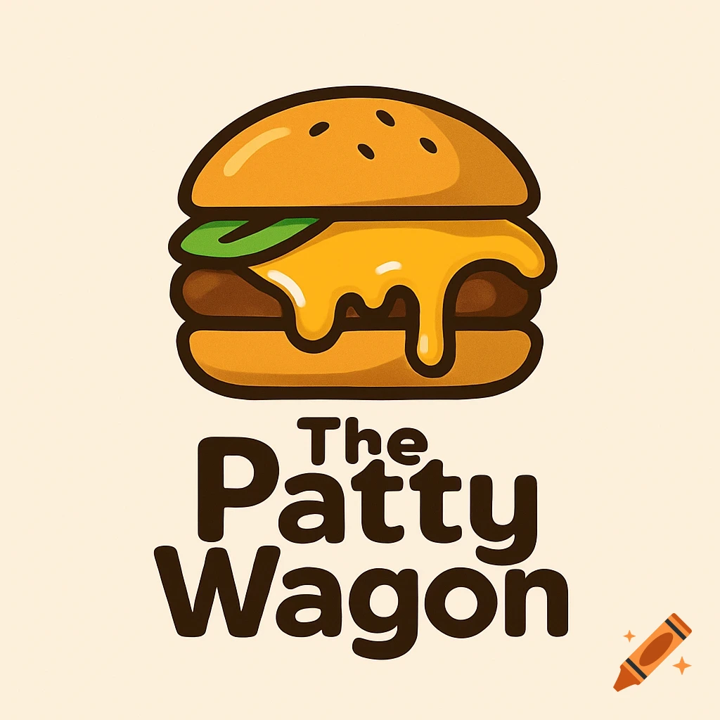 A cartoon logo for 'The Patty Wagon' featuring a burger with melting yellow cheese and green lettuce on a light background.
