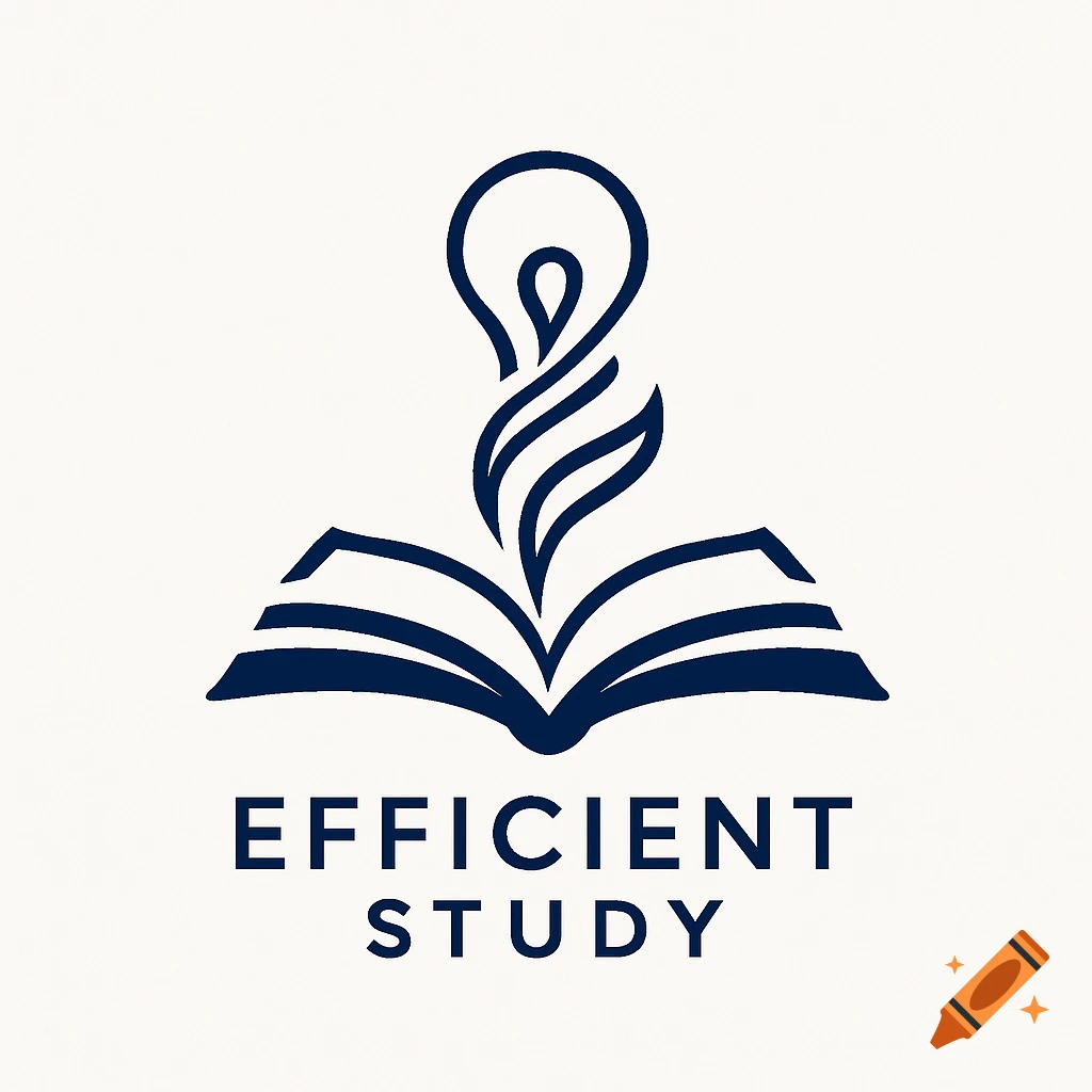 A minimalist blue line art logo showing an open book with a lightbulb emerging from its pages, and the words 'EFFICIENT STUDY' below.