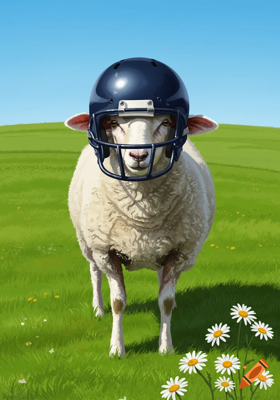 A sheep wearing a football helmet stands in a green field under a clear blue sky, with white daisies in the foreground.