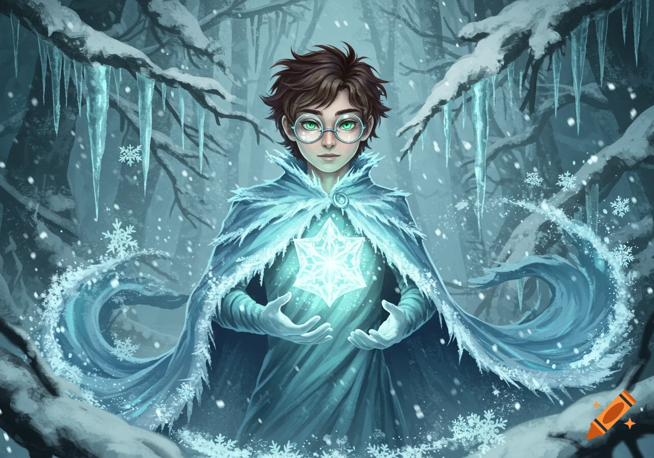 An illustration of a young sorcerer with brown hair, green eyes, and glasses in an icy cloak, holding a glowing ice star in a snowy forest.