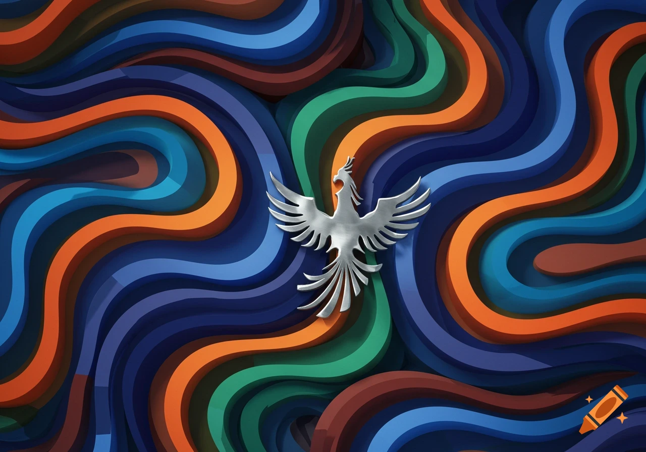 A silver phoenix emblem centered on an abstract background of undulating, multi-colored wavy bands creating an optical illusion.