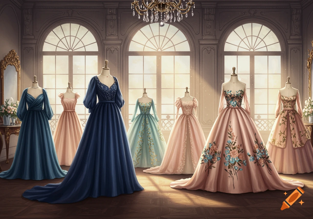 Elegant ball gowns on mannequins in a grand room with large arched windows, sunlight streaming in.