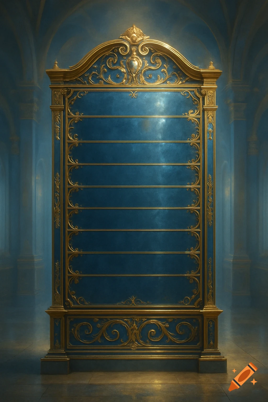An ornate blue and gold blank leaderboard or display cabinet in a grand, dimly lit hall.
