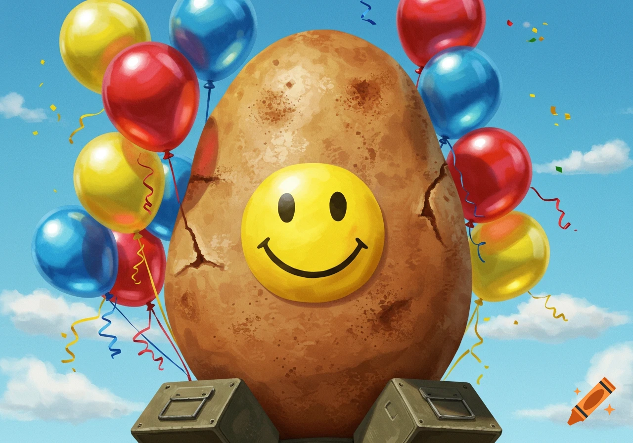 A whimsical potato-shaped missile with a smiley face and colorful balloons, streamers, and confetti against a blue sky.