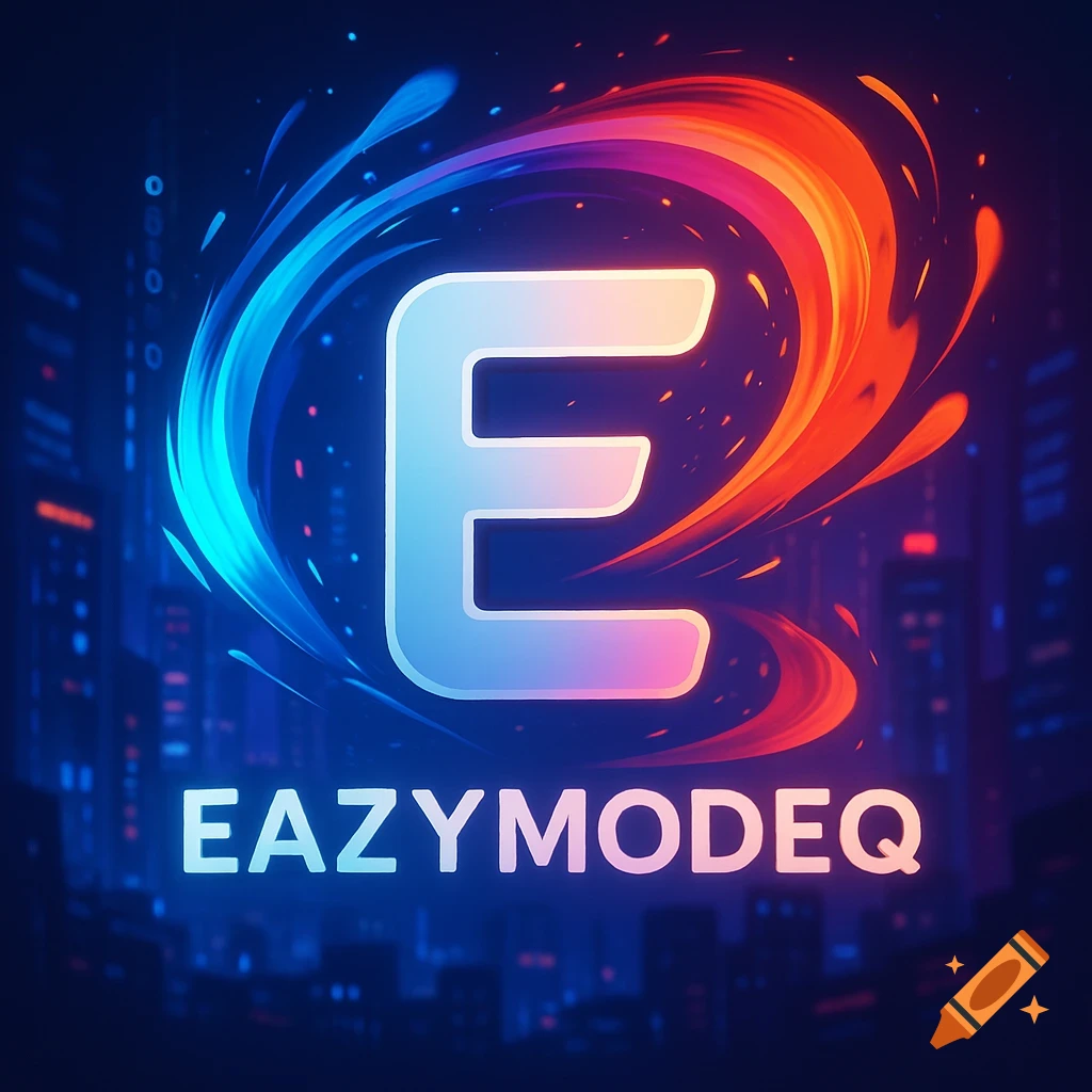 A stylized letter E with vibrant blue and orange energy swirls, above the text 'EAZYMODEQ' against a dark futuristic city skyline.