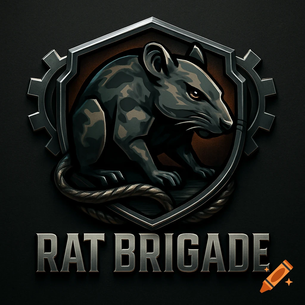 A dark, metallic logo featuring a stylized grey rat with orange eyes in a shield, with a gear behind it. The text 'RAT BRIGADE' is below.