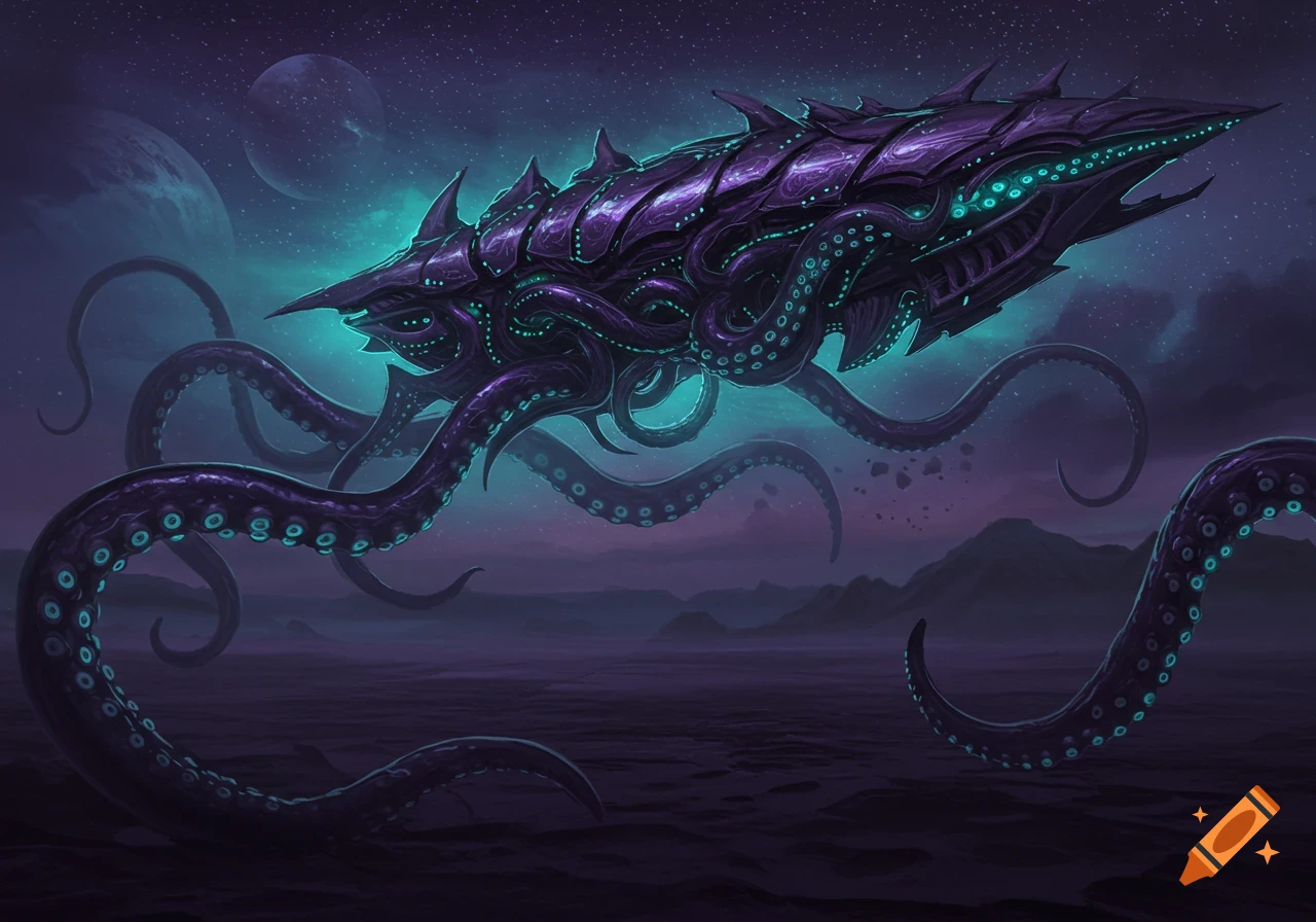 A purple alien scouting ship with tentacles and glowing teal lights hovers over a dark alien landscape under a starry sky with two moons, digital art.