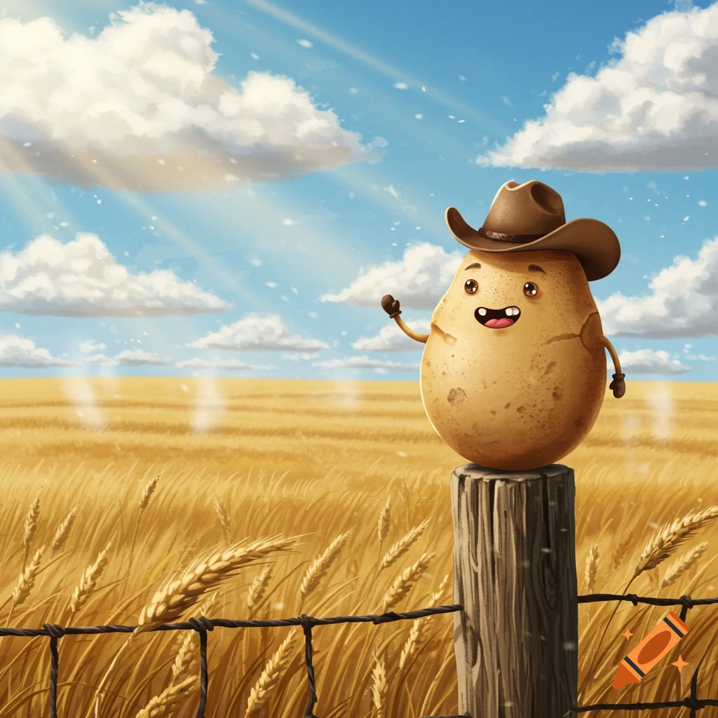 A happy cartoon potato wearing a cowboy hat stands on a wooden fence post in a golden wheat field, waving under a blue sky.