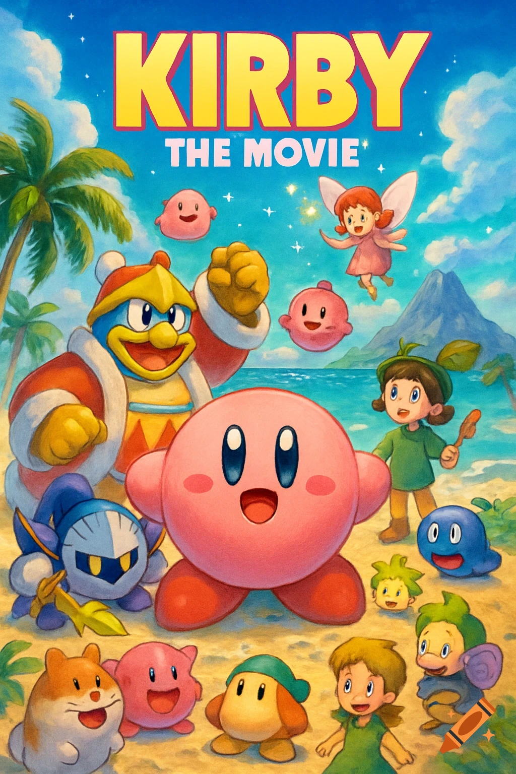 A vibrant cartoon movie poster shows Kirby, King Dedede, Meta Knight, and other characters on a sunny beach, titled "KIRBY THE MOVIE".