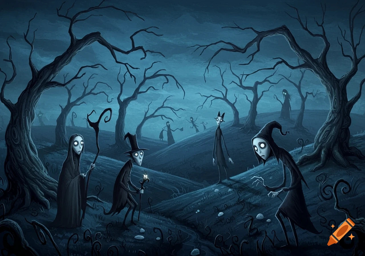 An eerie, stylized illustration of gaunt, large-eyed figures in a twisted, moonlit landscape with bare trees, in a Tim Burton-esque style.