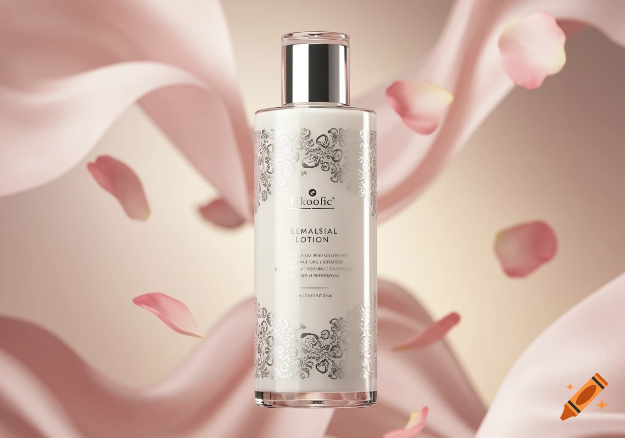 A photorealistic white lotion bottle with silver floral patterns and a silver cap, set against a background of flowing pink fabric and rose petals.