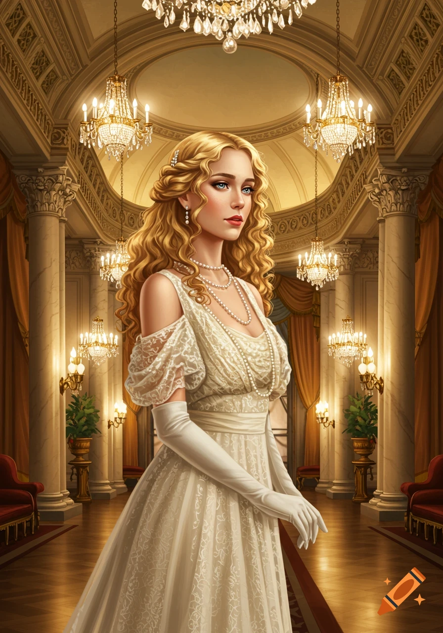 Illustrated portrait of a beautiful blonde woman in a white ornate dress, long gloves, and pearls, standing in a grand hall with chandeliers.