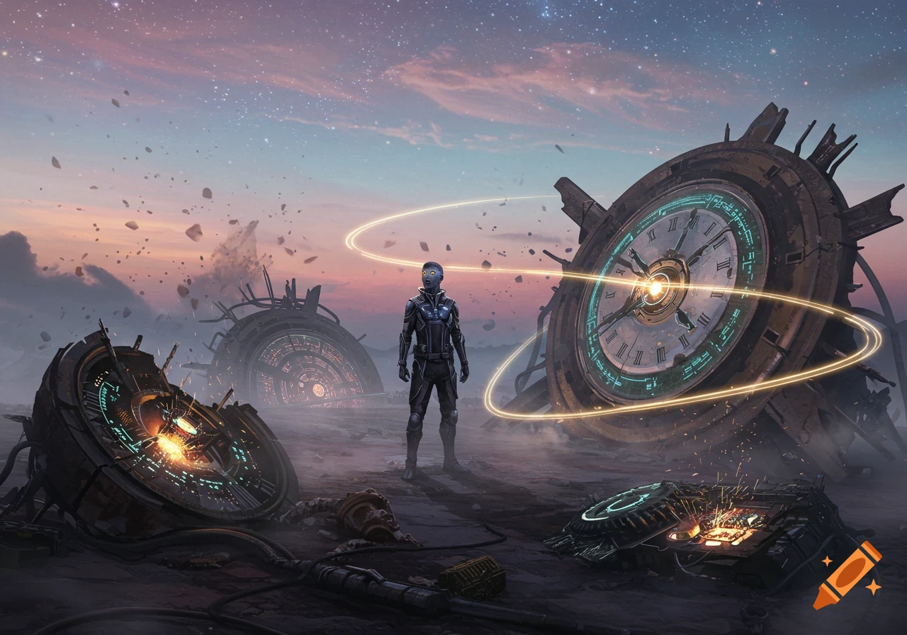 A time traveler in a dark suit stands amidst large broken clockwork machines on a desolate, dusty planet under a starry, twilight sky.