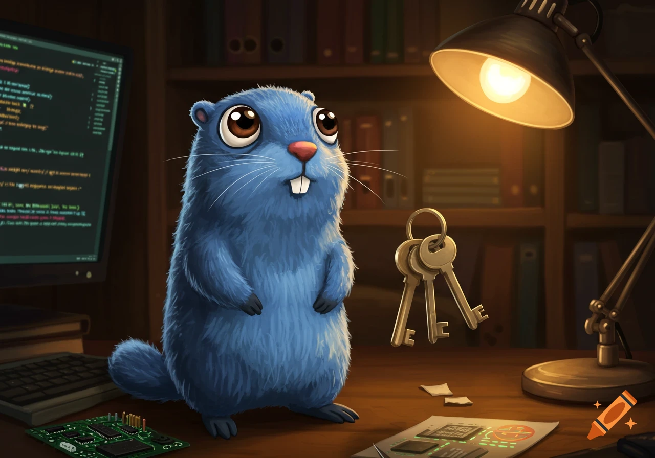 A cute blue gopher mascot stands on a desk beside a computer screen displaying code, a desk lamp, a keyring with keys, and electronic components.