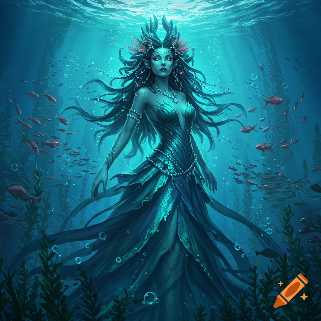A majestic sea goddess with ornate headdress and flowing green-blue dress stands in a detailed underwater scene with fish and light.