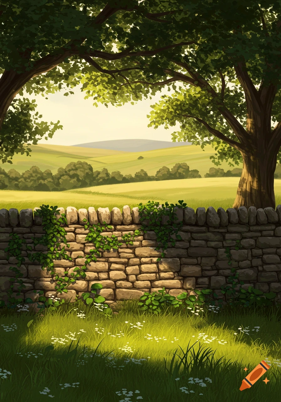 Lush green countryside scene with a stone wall covered in ivy, under a bright sky, framed by trees.