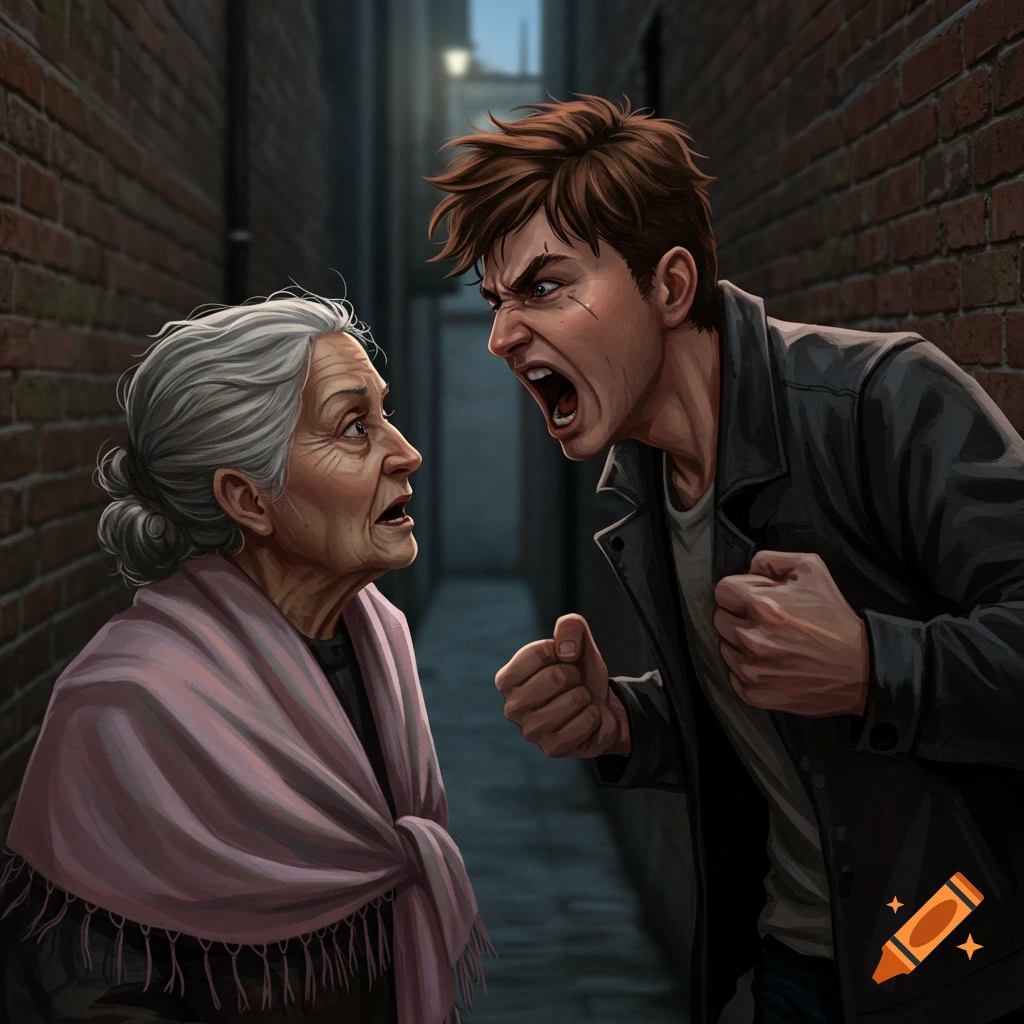 A young man screams angrily at an old woman in a dark alleyway, depicted in a digital illustration style.
