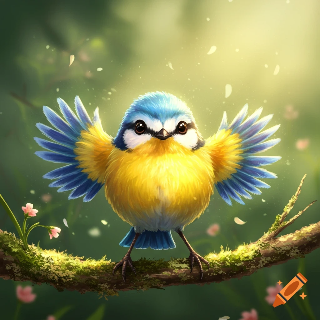 A cute, fluffy blue and yellow bird with spread wings perches on a mossy branch in a whimsical forest.