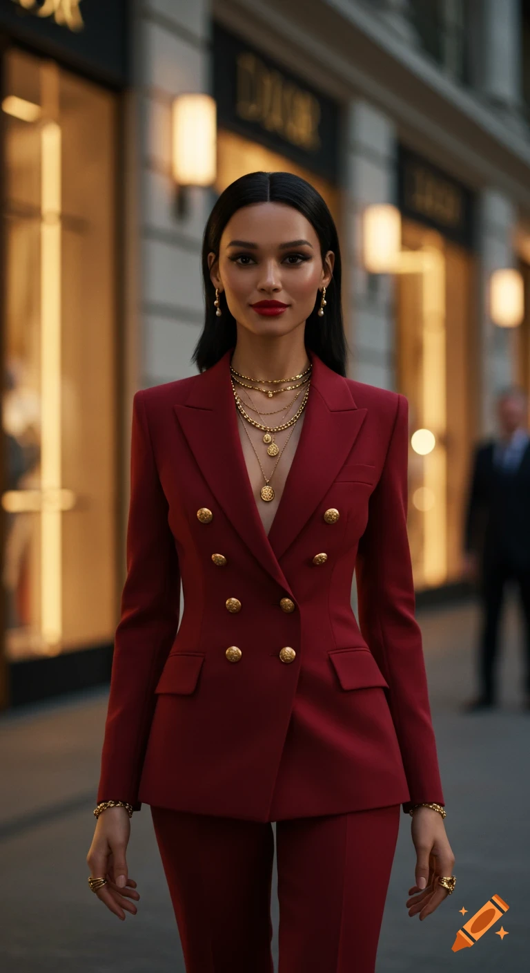 Photorealistic portrait of a woman in a deep red power suit with gold jewelry, standing on an upscale city street.