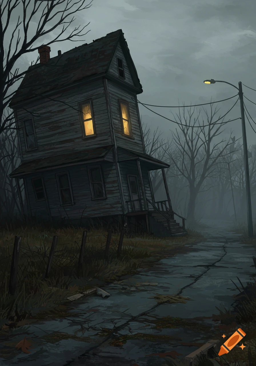 An old, dilapidated house with glowing windows stands on a dark, wet path surrounded by barren trees under a gloomy sky, digital art.