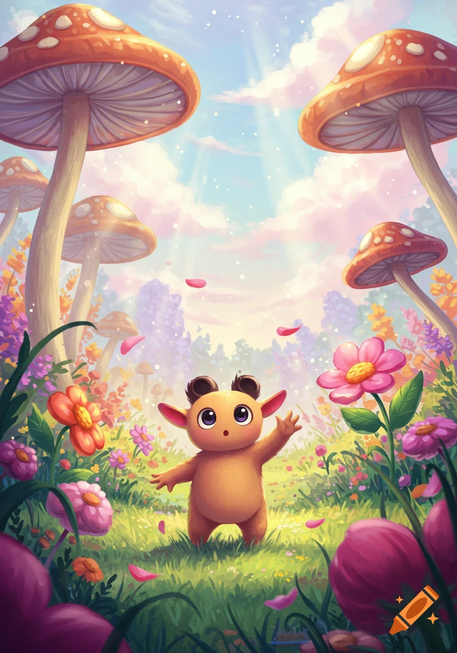 A small, cute, brown creature with large eyes and small horns stands in a vibrant fantasy field with giant mushrooms and colorful flowers under a bright sky.
