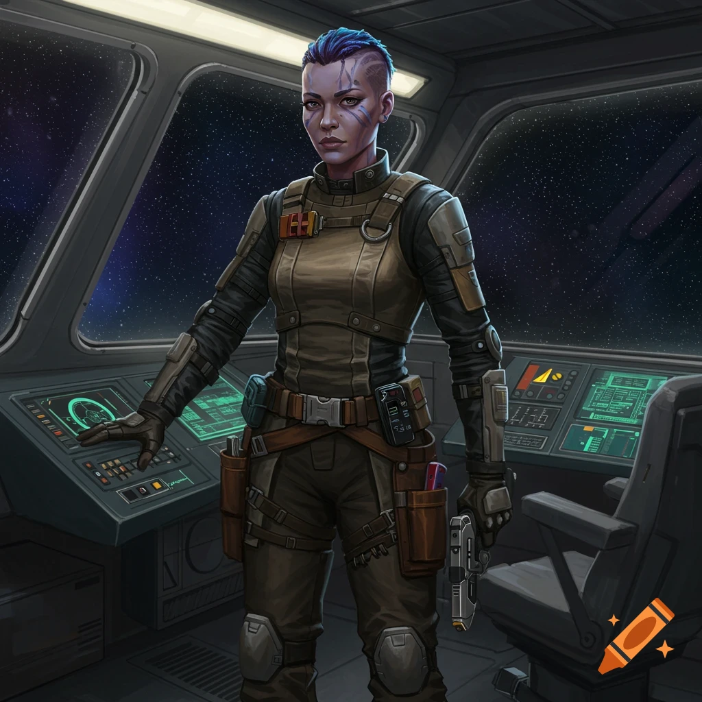 A female spacer with blue hair and purple markings stands in a spaceship cockpit, holding a pistol.