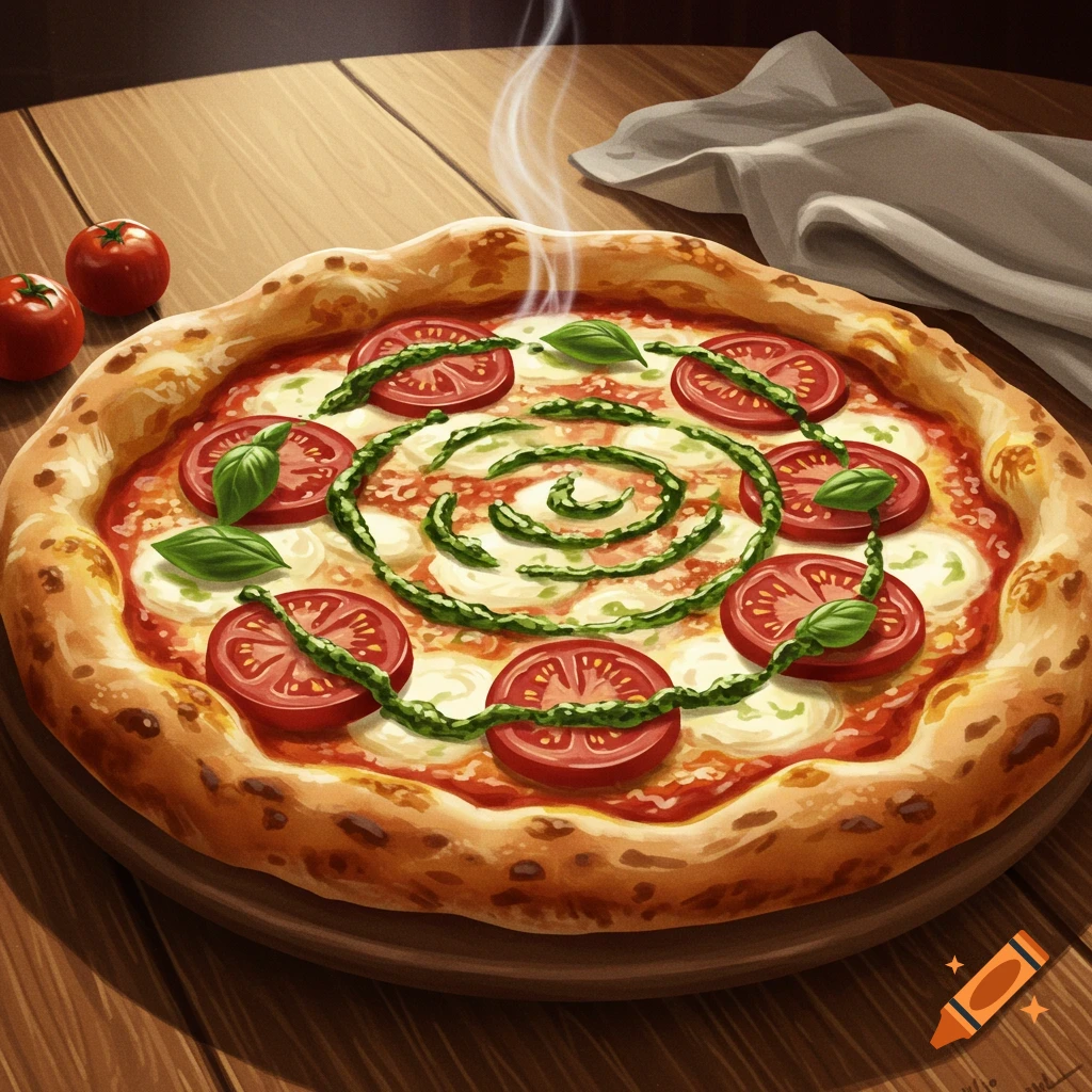 A steaming hot pizza with tomato slices, mozzarella, basil, and a pesto swirl on a wooden table, in a vibrant illustrative style.