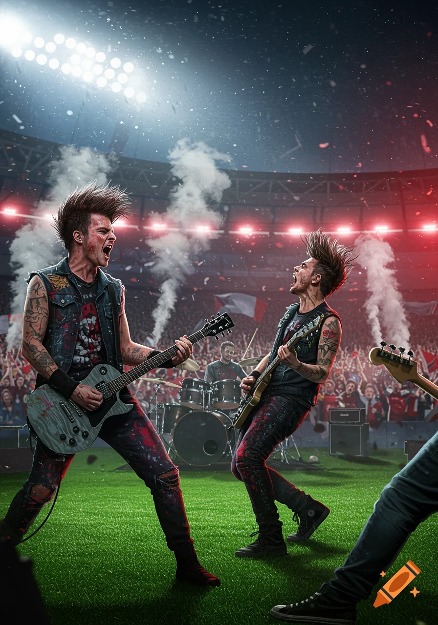 Two punk rock guitarists passionately perform on a soccer field in a stadium, with a drummer and a cheering crowd in the background, under bright lights and confetti.