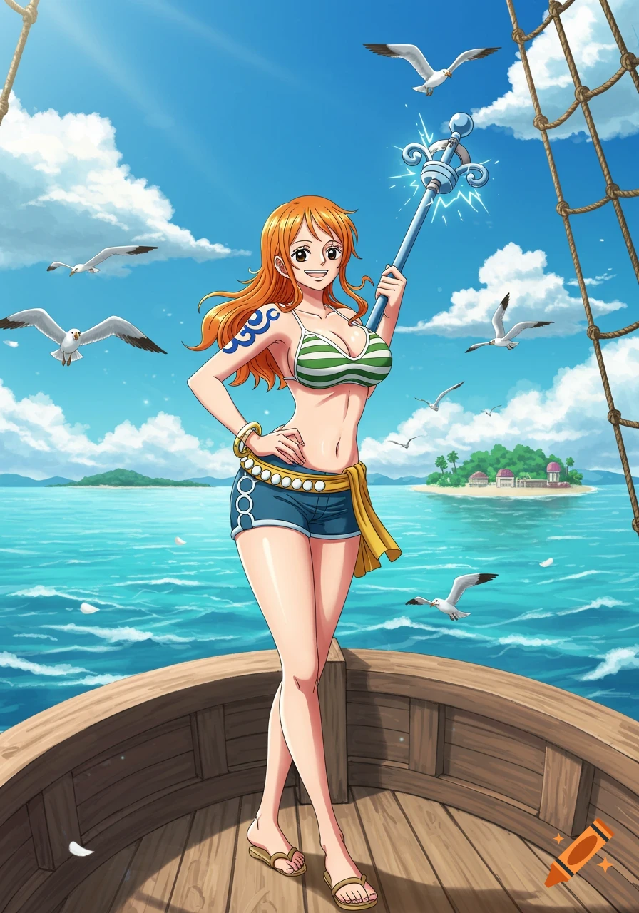 Anime character Nami from One Piece stands on a boat deck, holding a staff, with seagulls and a sunny ocean backdrop.