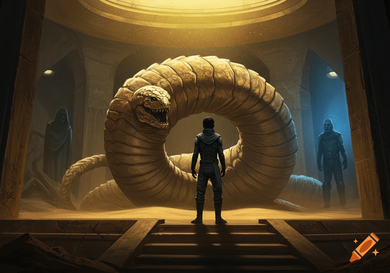 A person in dark armor stands on stairs facing a giant ring-shaped worm creature in a grand, sandy chamber, with two other figures in the background.