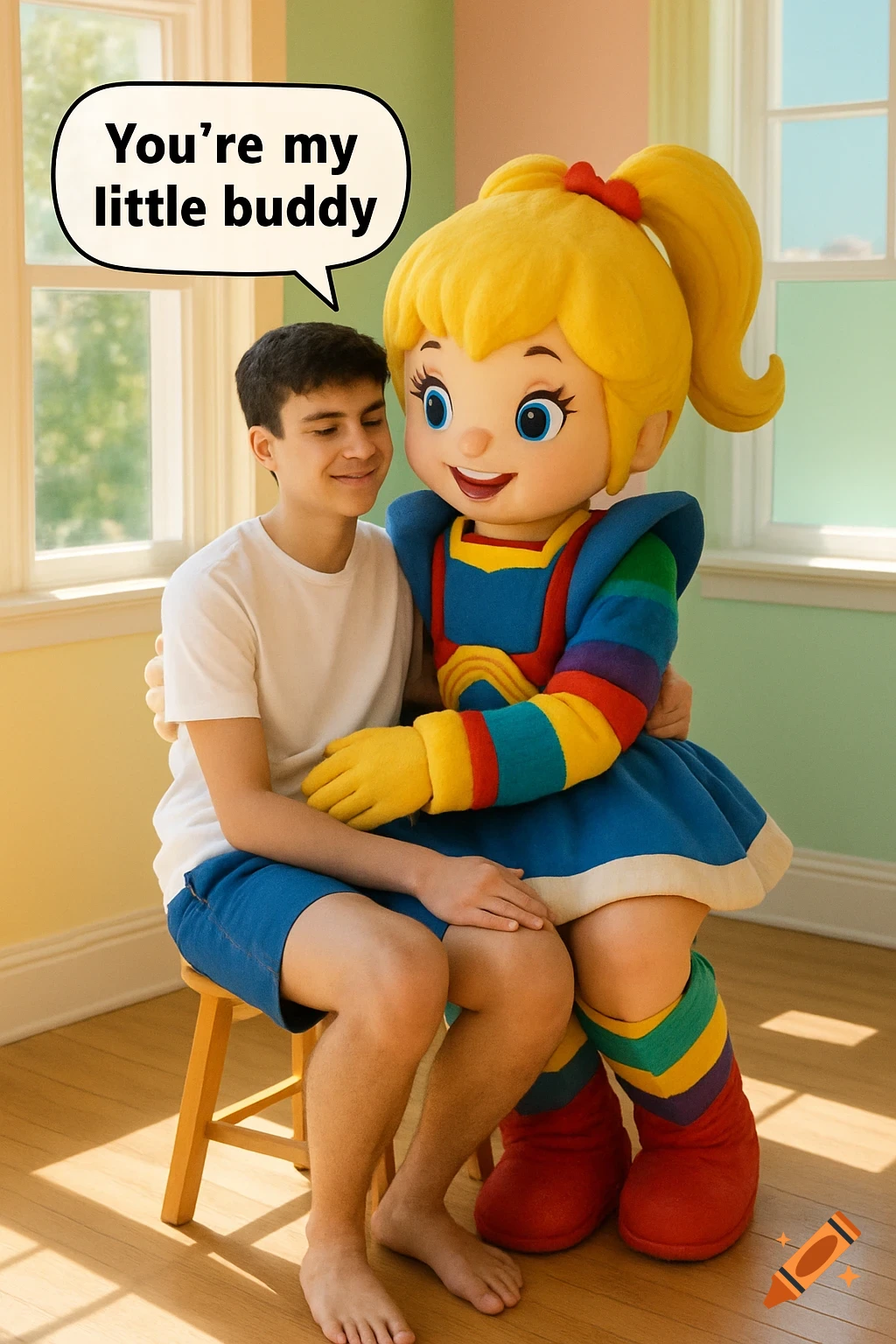 Photorealistic image of a teenage boy sitting on Rainbow Brite mascot's lap, receiving a hug. A speech bubble says 'You're my little buddy'.