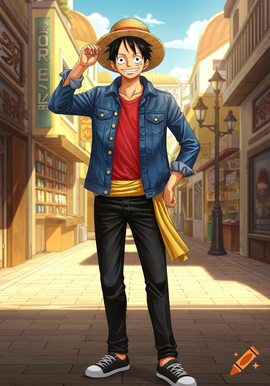 An anime illustration of Luffy from One Piece in casual clothes, standing on a sunny street.
